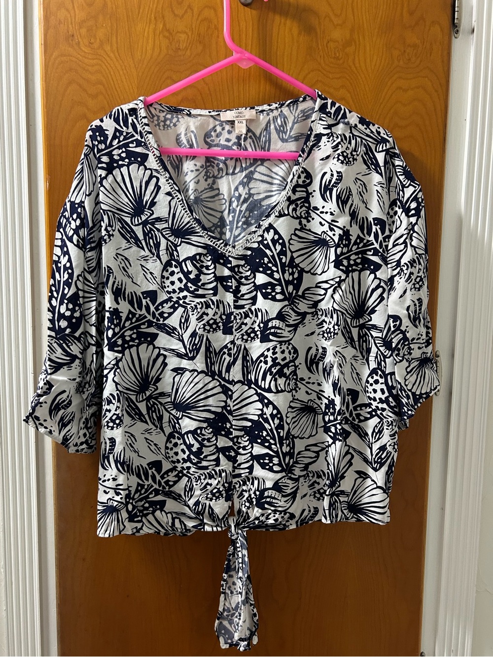 Navy and White Floral V-Neck Tie-Front Blouse